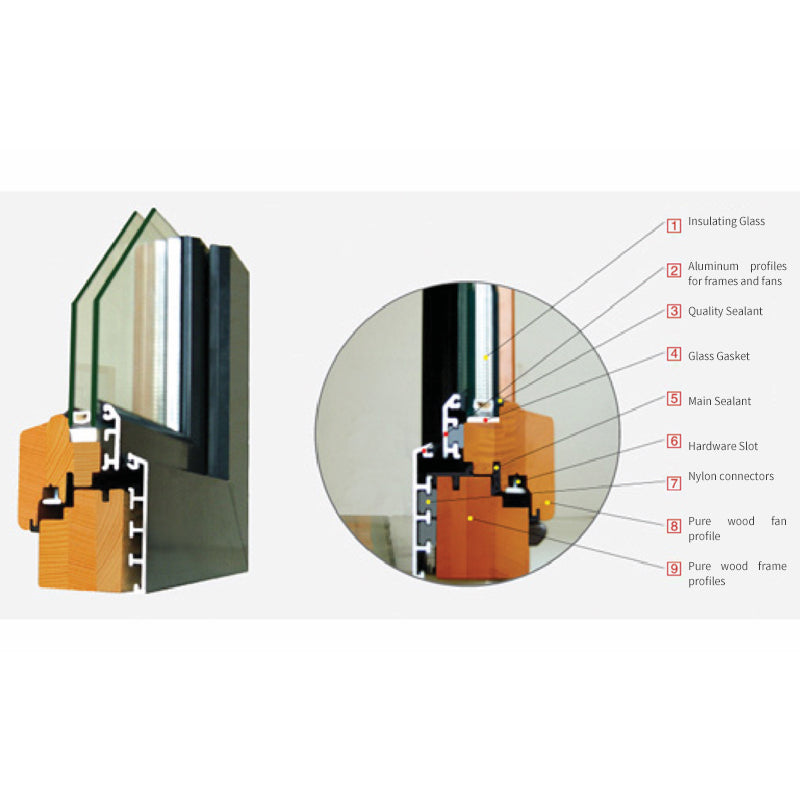 ZHONGJING German Aluminum Clad Wood Windows European red oak pure solid wood flat open hanging window