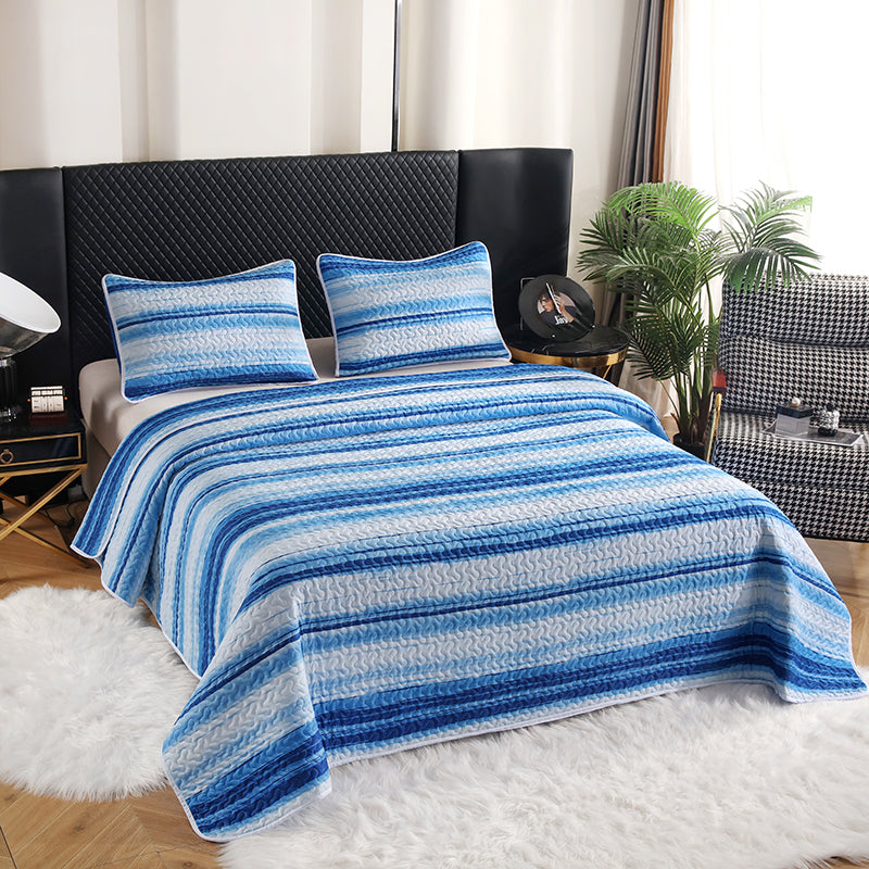 GANGZHENG 3Pcs Printed Bed Cover Set (Blue stripes of dreams)  Home bedroom enlarging and thickening skin friendly