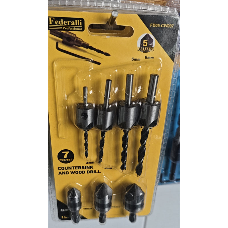 YUXUANG 4PC five-edge woodworking countersink drill +3PC hexagonal handle wide slot chamfer