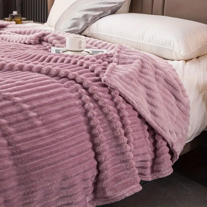JINHUANYI Vertical Striped Faux Rabbit Blanket
