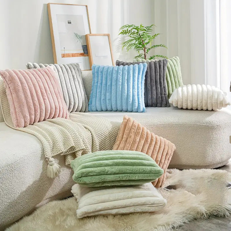 JINHUANYI Vertical Stripe Faux Rabbit Fur Pillow