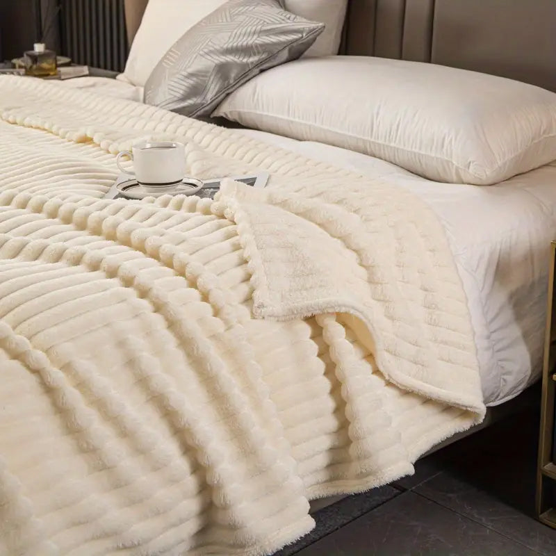 JINHUANYI Vertical Striped Faux Rabbit Blanket